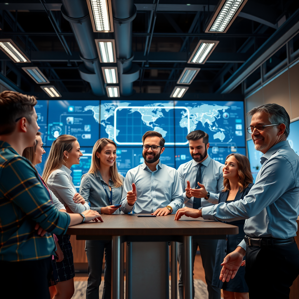 USD AI team collaborating in modern office environment with AI technology displays