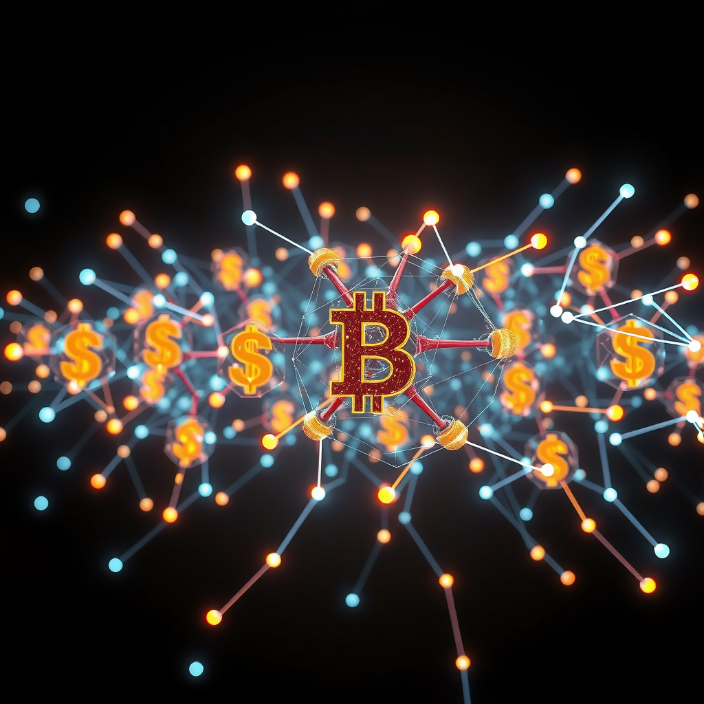 Abstract futuristic AI neural network visualization with USD currency symbols, digital data streams, and interconnected nodes representing artificial intelligence in financial technology
