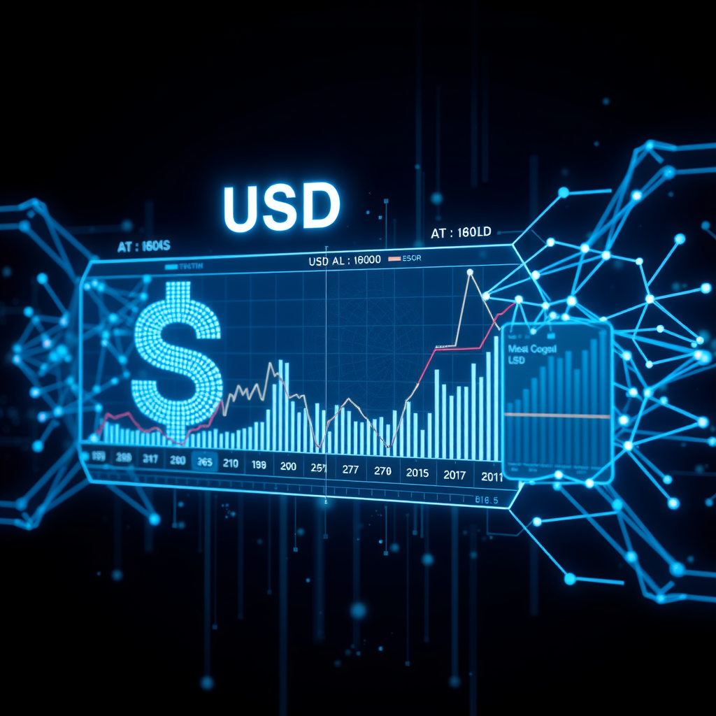 Futuristic AI interface displaying USD currency analysis with glowing blue neural networks, real-time exchange rate graphs, and machine learning algorithms processing financial data streams