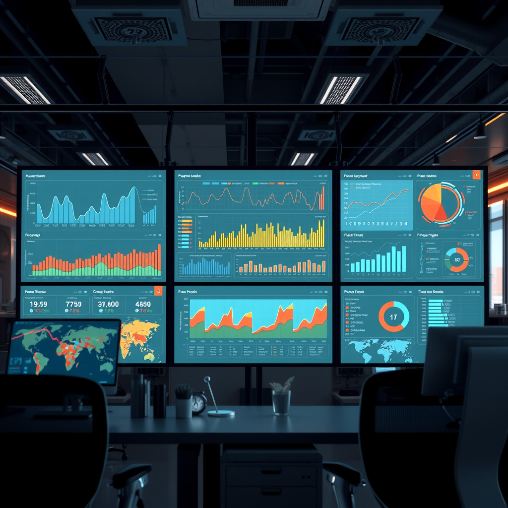 Modern AI-powered financial reporting dashboard displaying real-time analytics, automated data processing charts, and comprehensive financial metrics on multiple screens in a futuristic office environment
