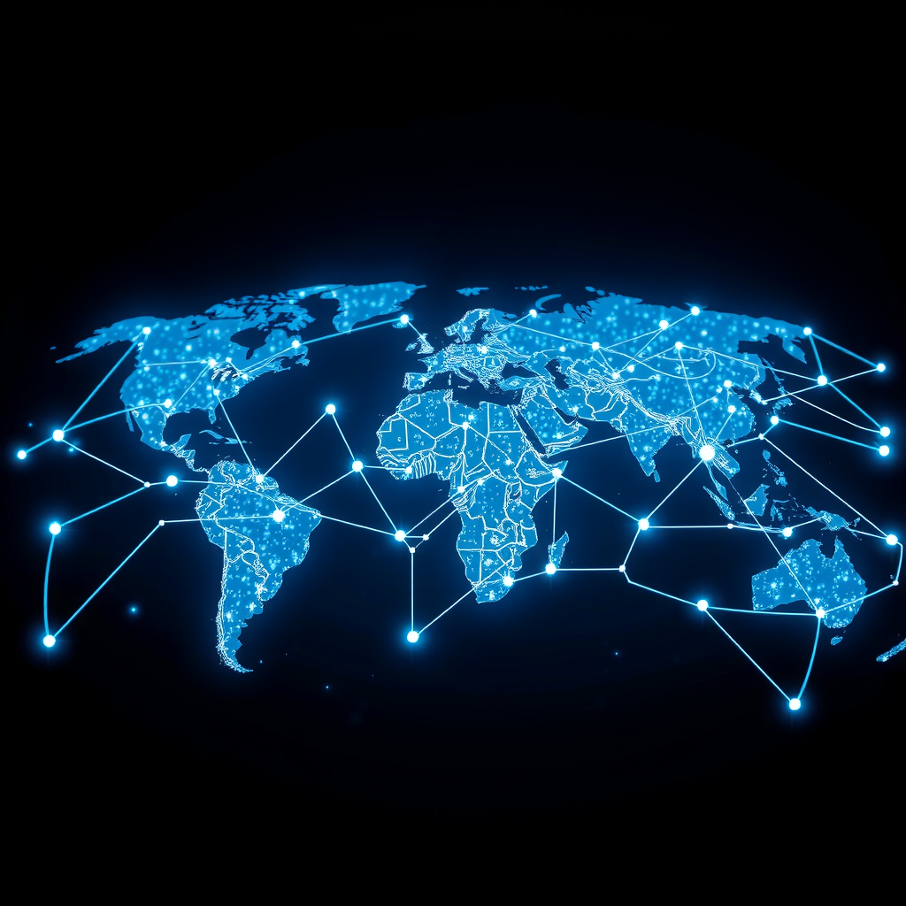 Futuristic visualization of AI-powered global payment network with interconnected nodes representing international financial hubs, digital currency flows, and real-time transaction processing across continents with glowing blue pathways