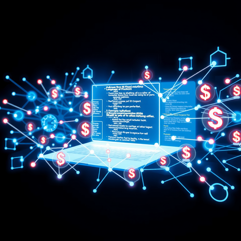 Advanced natural language processing visualization showing AI analyzing financial documents with glowing neural network connections, data streams, and USD currency symbols in a futuristic blue and white interface