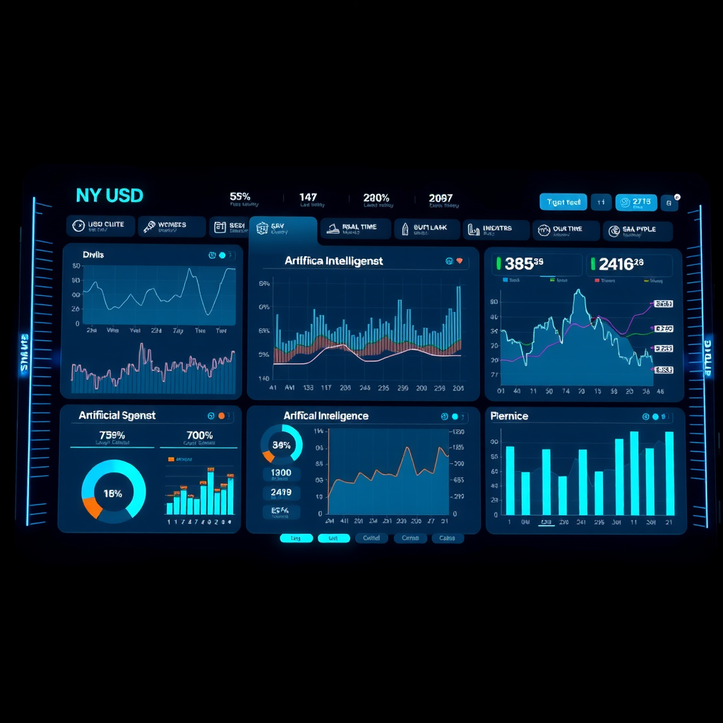Modern futuristic AI dashboard interface displaying USD financial analytics, real-time data visualization, interactive charts, graphs, and artificial intelligence processing indicators with electric blue accents
