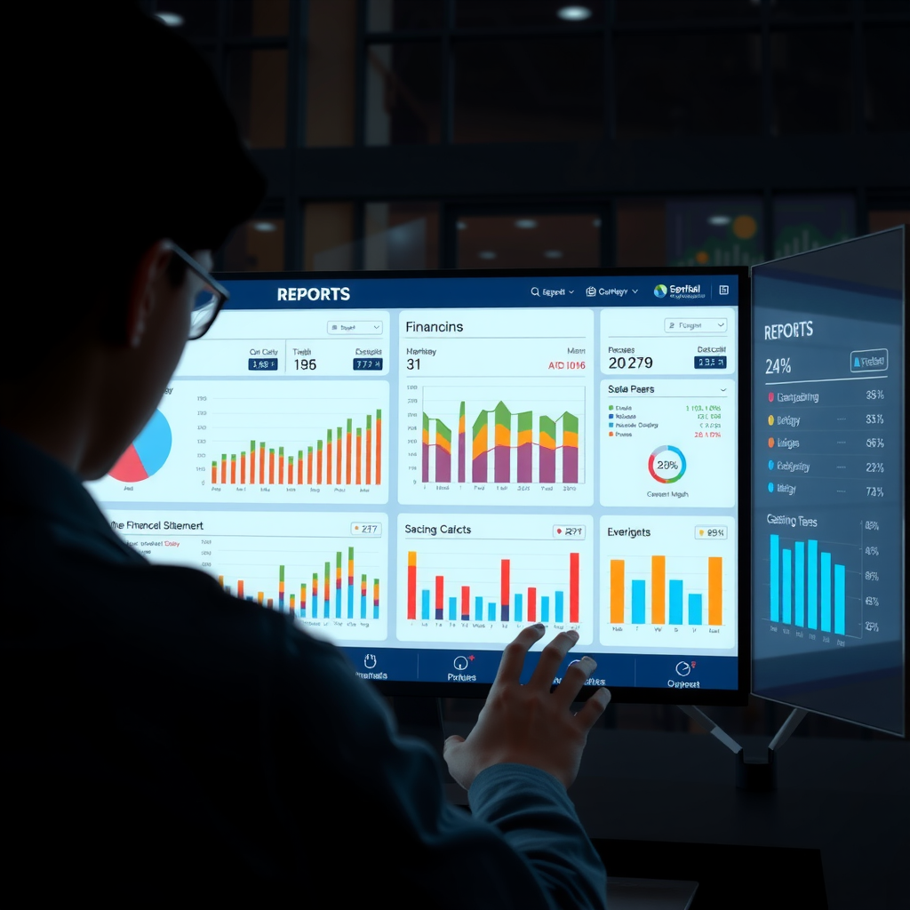 Modern AI-driven financial reporting interface showing automated accounting processes, real-time data feeds, comprehensive financial statements, and natural language processing tools generating reports
