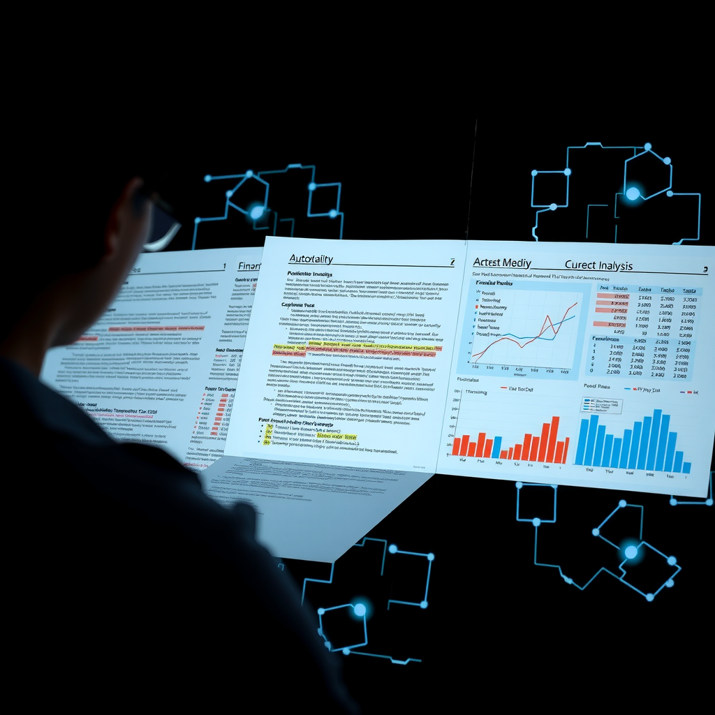 Visualization of natural language processing technology analyzing financial documents, extracting key data points, and automatically generating detailed financial reports with highlighted insights and trend analysis