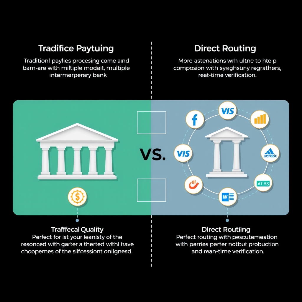 Side-by-side comparison infographic showing traditional multi-step payment processing with multiple intermediary banks versus streamlined AI-powered direct routing with smart algorithms and real-time verification