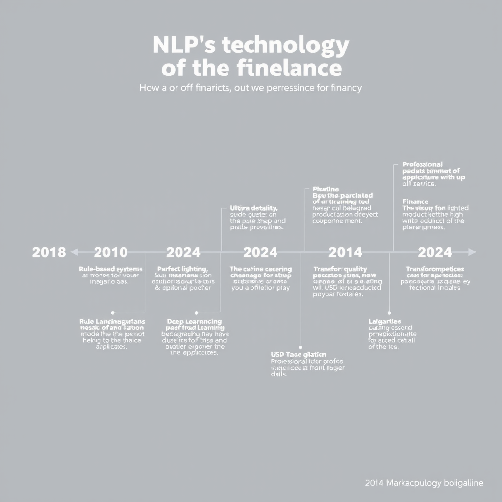Timeline infographic showing the evolution of NLP technology in finance from 2010 to 2024, featuring key milestones including rule-based systems, machine learning integration, deep learning models, and transformer architectures with USD market applications highlighted