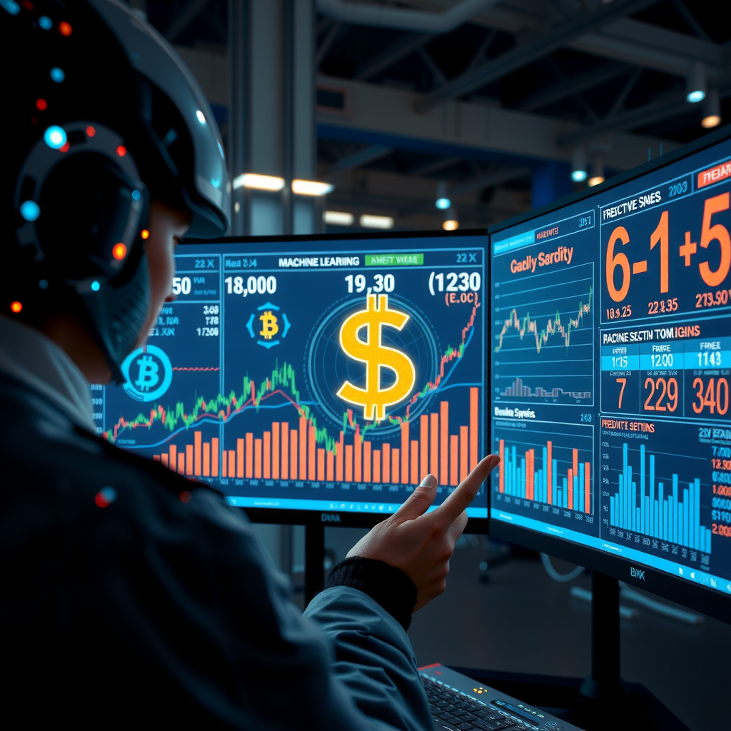 Artificial intelligence system analyzing USD currency fluctuations with holographic displays showing real-time financial data, machine learning algorithms, and predictive analytics charts in a modern technology environment