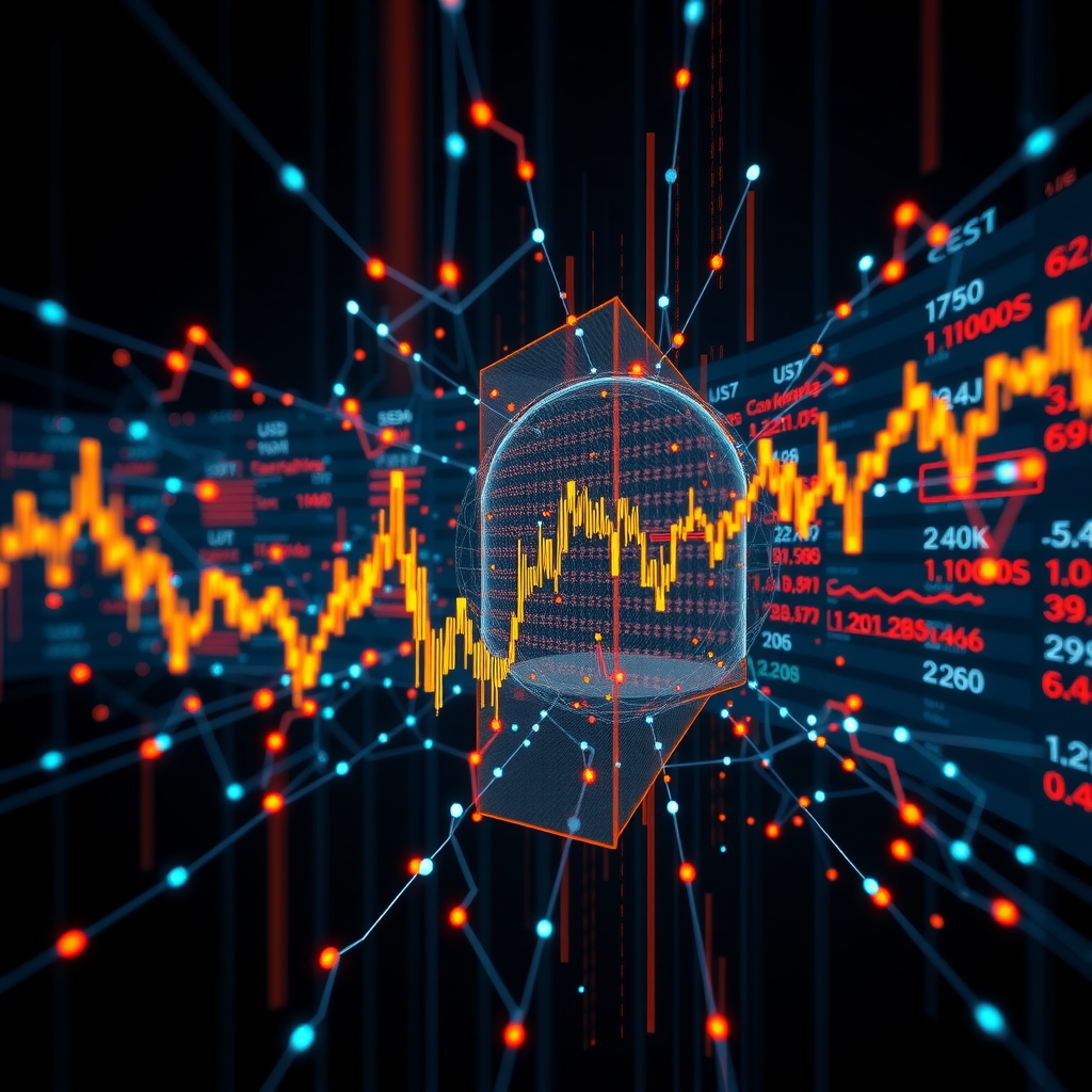 Advanced machine learning visualization showing neural networks analyzing USD market trends, pattern recognition algorithms, historical financial data graphs, and predictive modeling interfaces with glowing connections