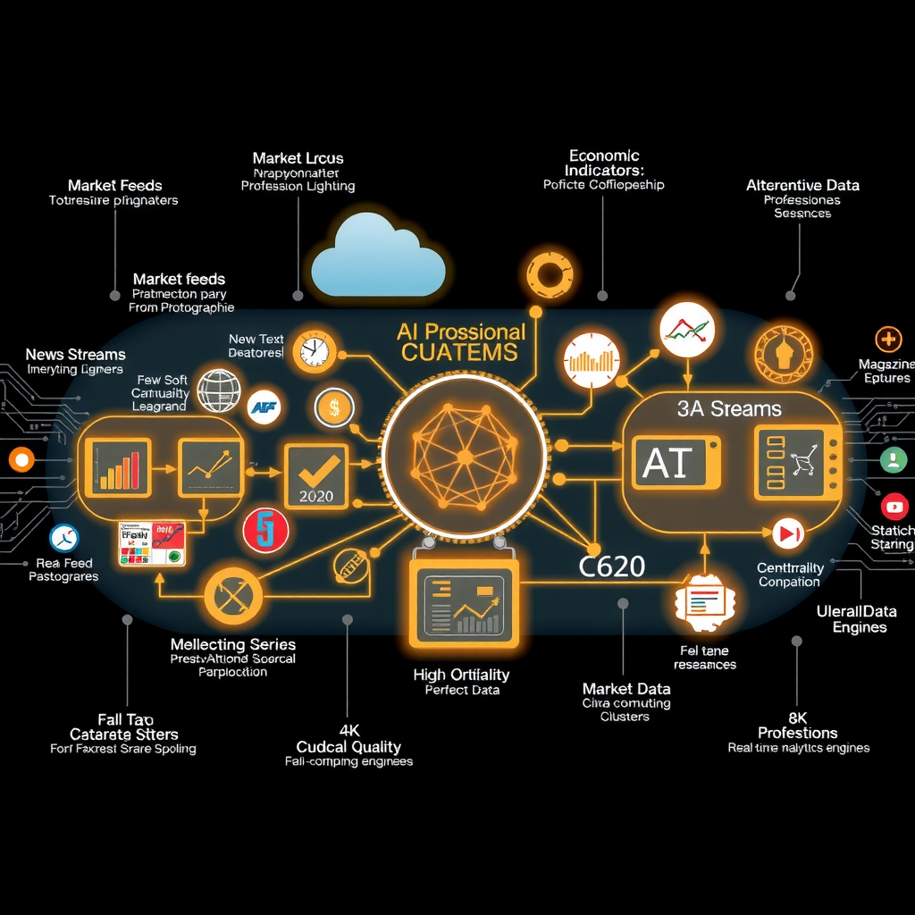 Technical infrastructure diagram illustrating diverse data sources including market feeds, economic indicators, news streams, and alternative data flowing into centralized AI processing systems with cloud computing clusters and real-time analytics engines