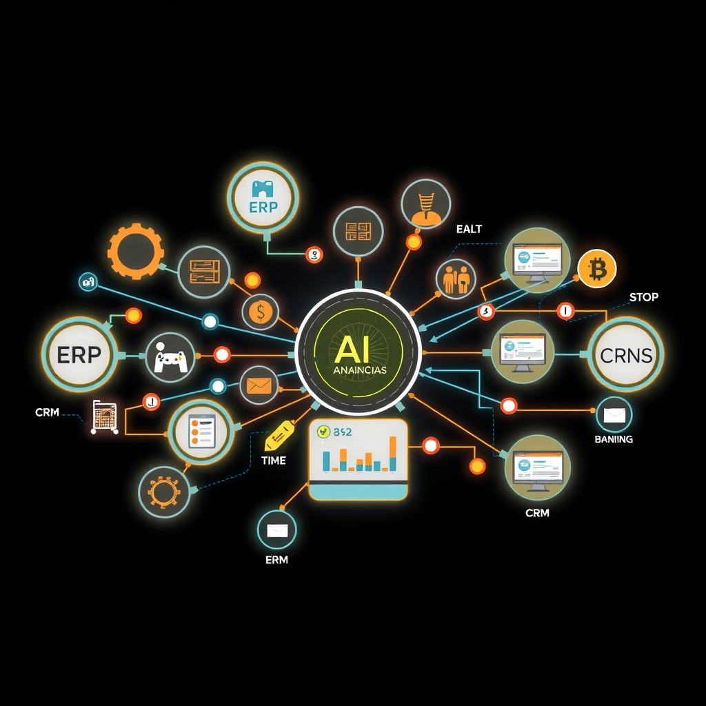 Complex network diagram showing real-time data flows between various business systems including ERP, banking, inventory, and CRM platforms, all feeding into a central AI-powered financial reporting hub with live dashboard displays
