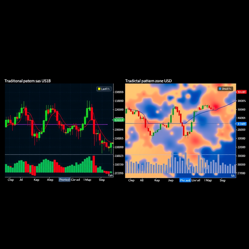 Split-screen visualization showing traditional candlestick charts on one side and machine learning pattern recognition heatmaps on the other, highlighting detected patterns, support levels, and predicted breakout zones in USD trading data