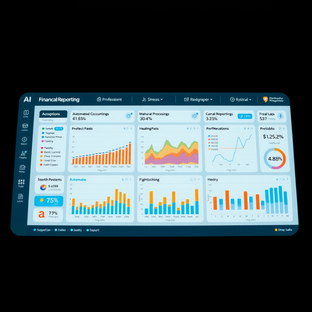 Modern AI-powered financial reporting dashboard displaying automated accounting processes, real-time data feeds, natural language processing tools generating comprehensive financial statements in a sleek digital interface