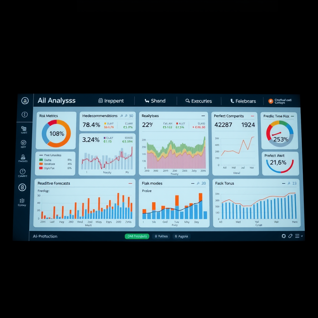 Modern business intelligence dashboard displaying AI-powered USD analysis tools with risk metrics, hedging recommendations, real-time alerts, and predictive forecasts helping executives make informed currency decisions