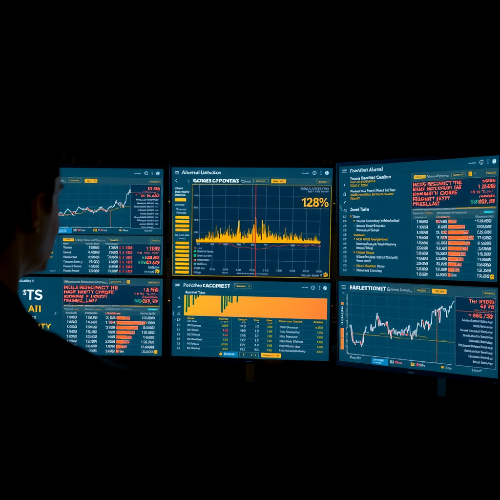 Advanced AI anomaly detection interface showing automated identification of financial discrepancies, with highlighted data points, error patterns, and suggested corrections displayed on multiple analytical screens