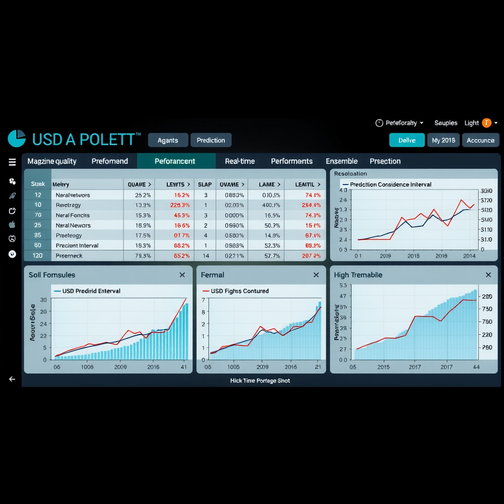 Comprehensive dashboard comparing performance metrics of different machine learning algorithms for USD prediction, showing accuracy rates, prediction confidence intervals, and real-time performance graphs for neural networks, random forests, and ensemble methods