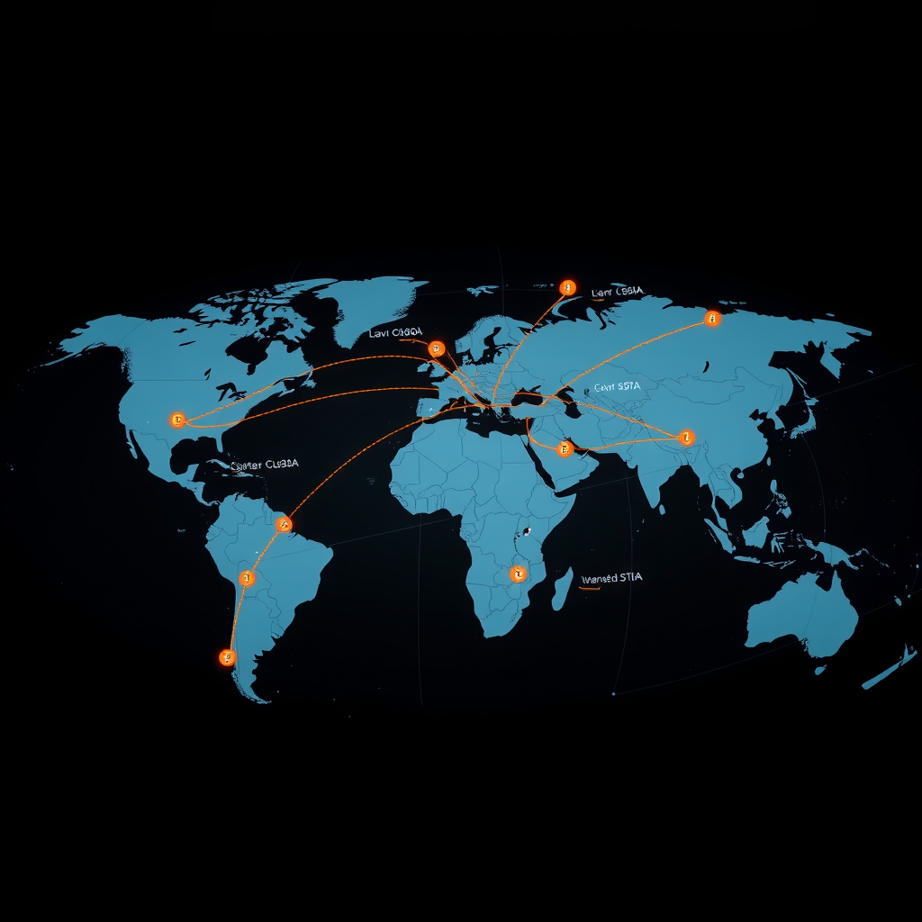 Interactive global map showing intelligent payment routing with multiple pathway options between financial centers, real-time network status indicators, cost optimization calculations, and AI decision-making nodes selecting optimal routes