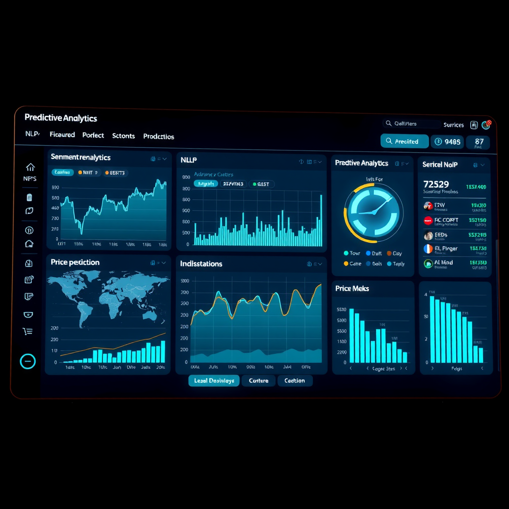 Modern financial dashboard showing predictive analytics powered by NLP, featuring real-time sentiment graphs, USD price predictions, news feed analysis, and AI-generated market insights with glowing data visualizations in electric blue and teal colors