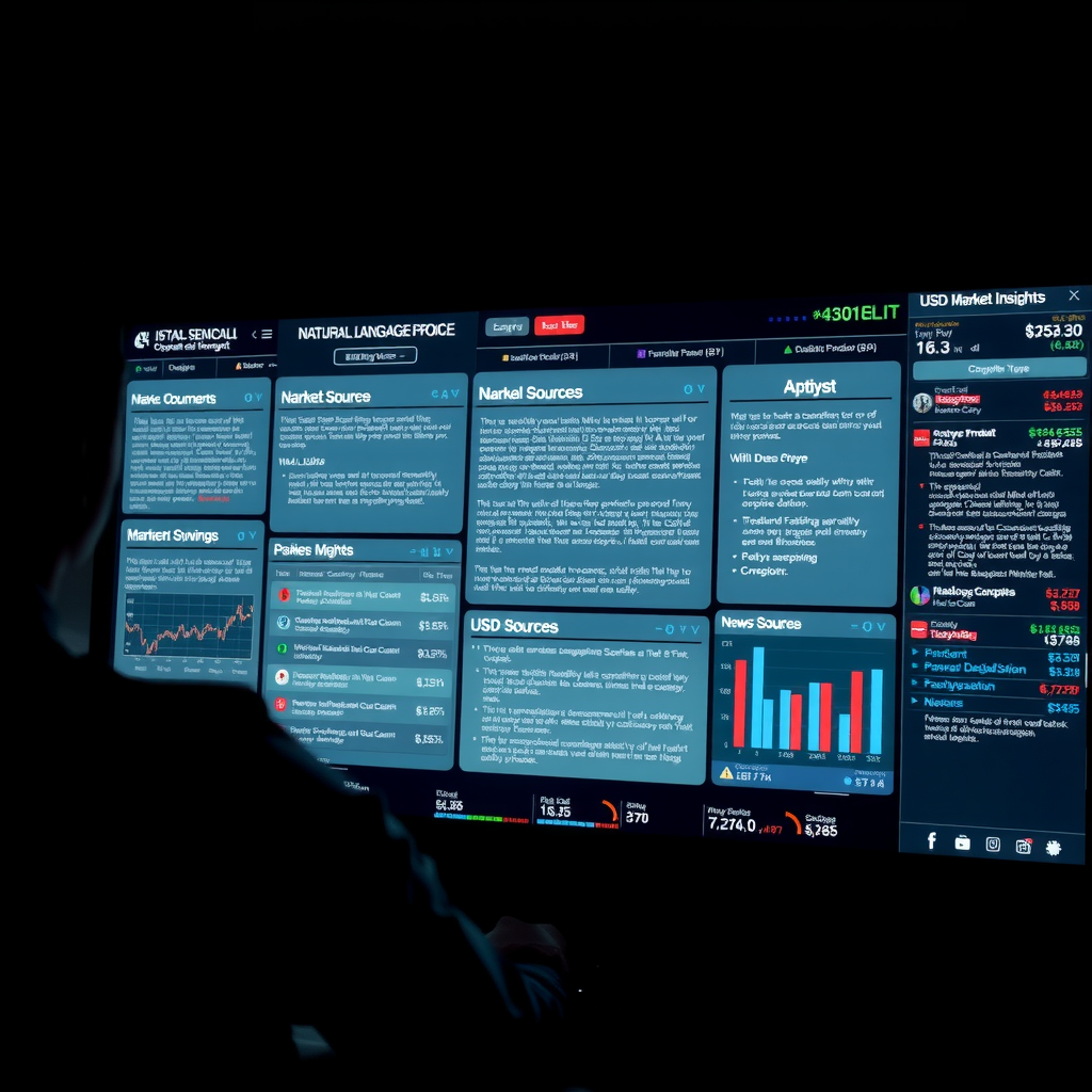 Natural language processing interface showing AI analyzing financial documents, news sources, market commentary, sentiment analysis tools, automated document processing with text extraction and USD market insights