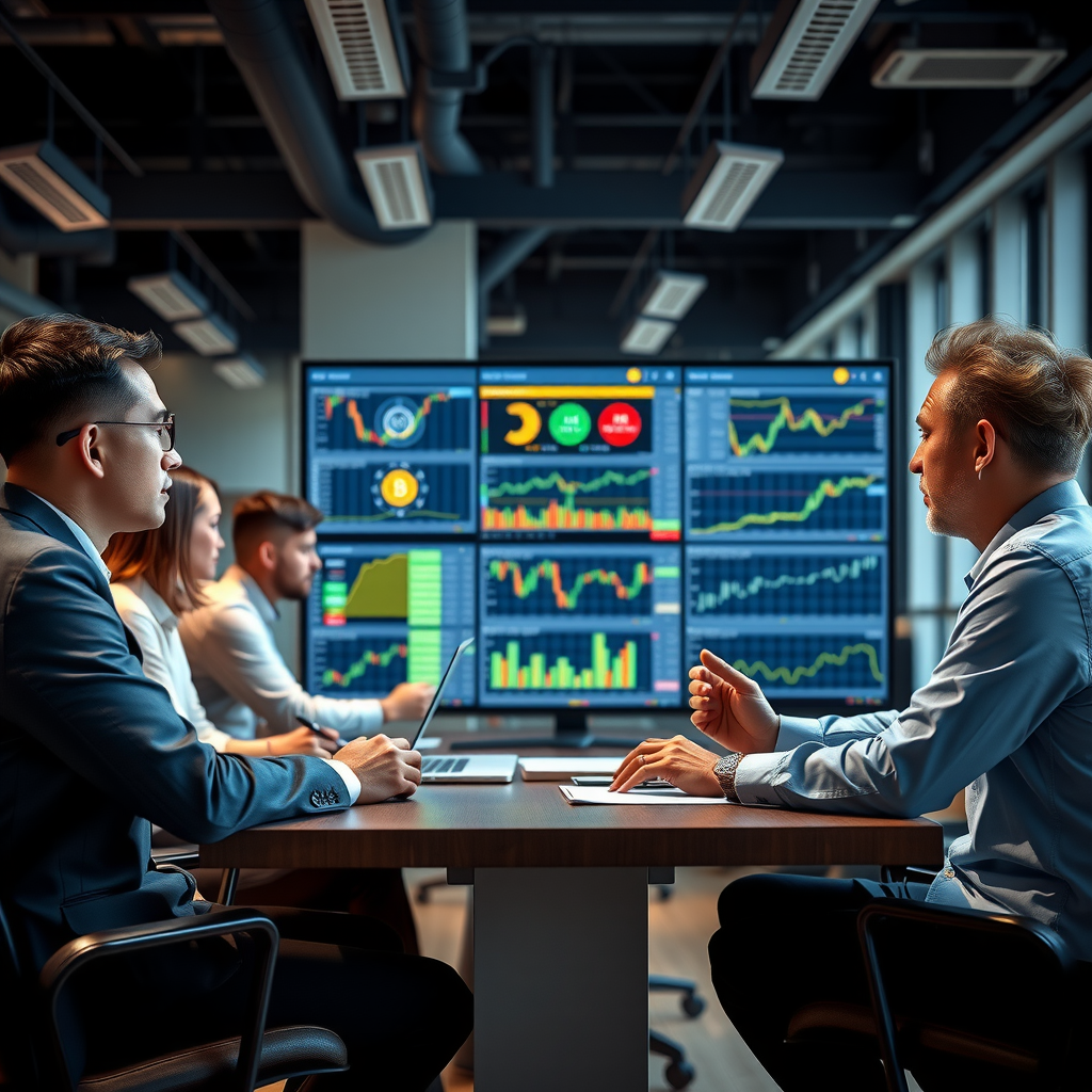 Professional team meeting showing data scientists and currency experts collaborating on AI system implementation, with screens displaying machine learning models, financial data, and integration workflows in modern office setting