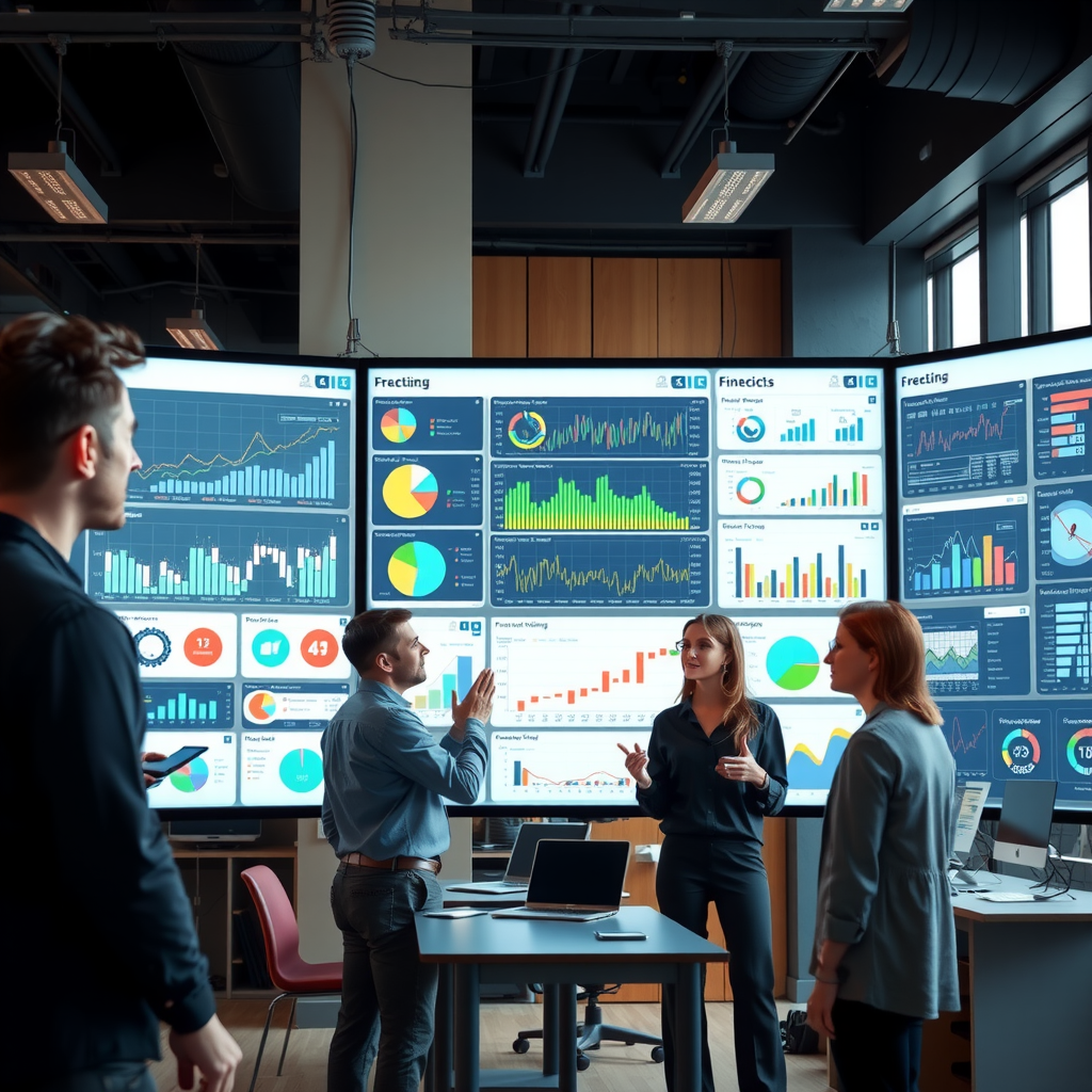 Modern finance team collaborating around large interactive displays showing AI-generated strategic analytics, predictive models, and scenario planning tools in a contemporary office setting with natural lighting