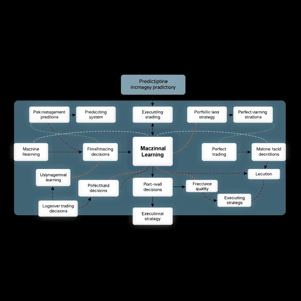 Flowchart visualization showing how machine learning predictions flow through risk management systems, portfolio optimization algorithms, and execution strategies to generate final trading decisions, with multiple decision nodes and feedback loops