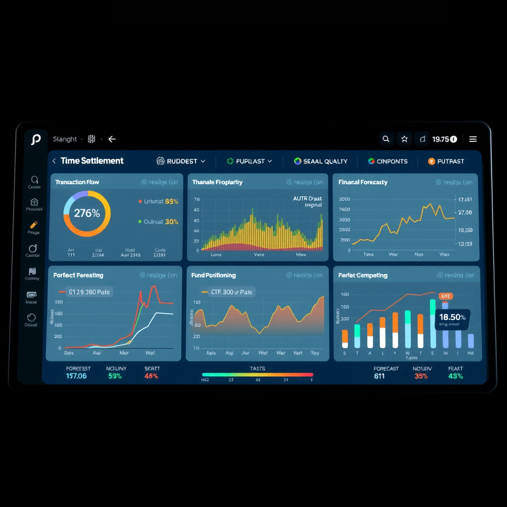 Financial dashboard displaying real-time settlement monitoring with transaction flow visualization, liquidity pool status, AI-powered forecasting graphs, automated fund positioning indicators, and settlement completion metrics