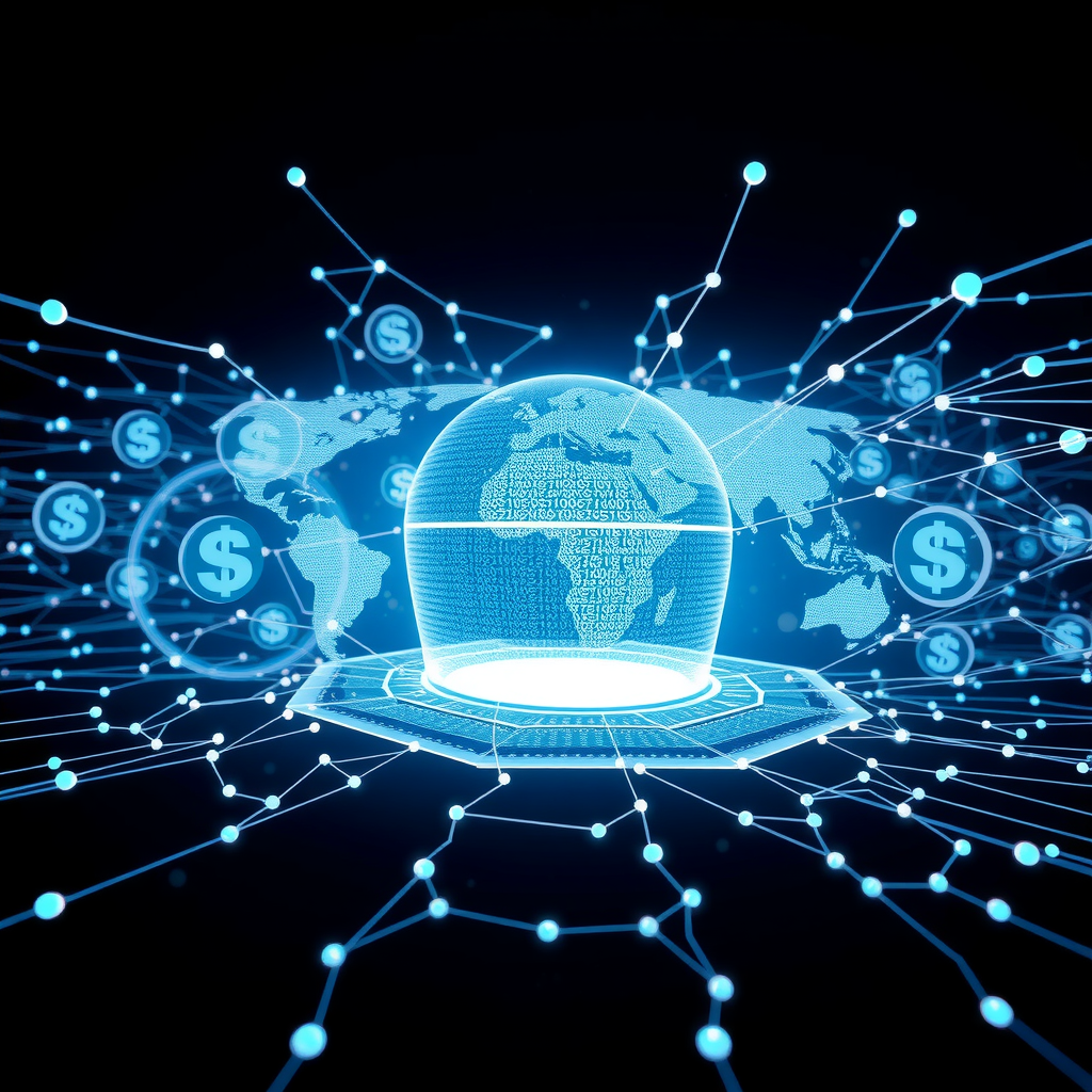 Futuristic concept visualization showing the future of NLP in financial markets with holographic displays, AI neural networks processing global financial data, USD currency symbols, and interconnected data streams in a sophisticated blue and white color scheme
