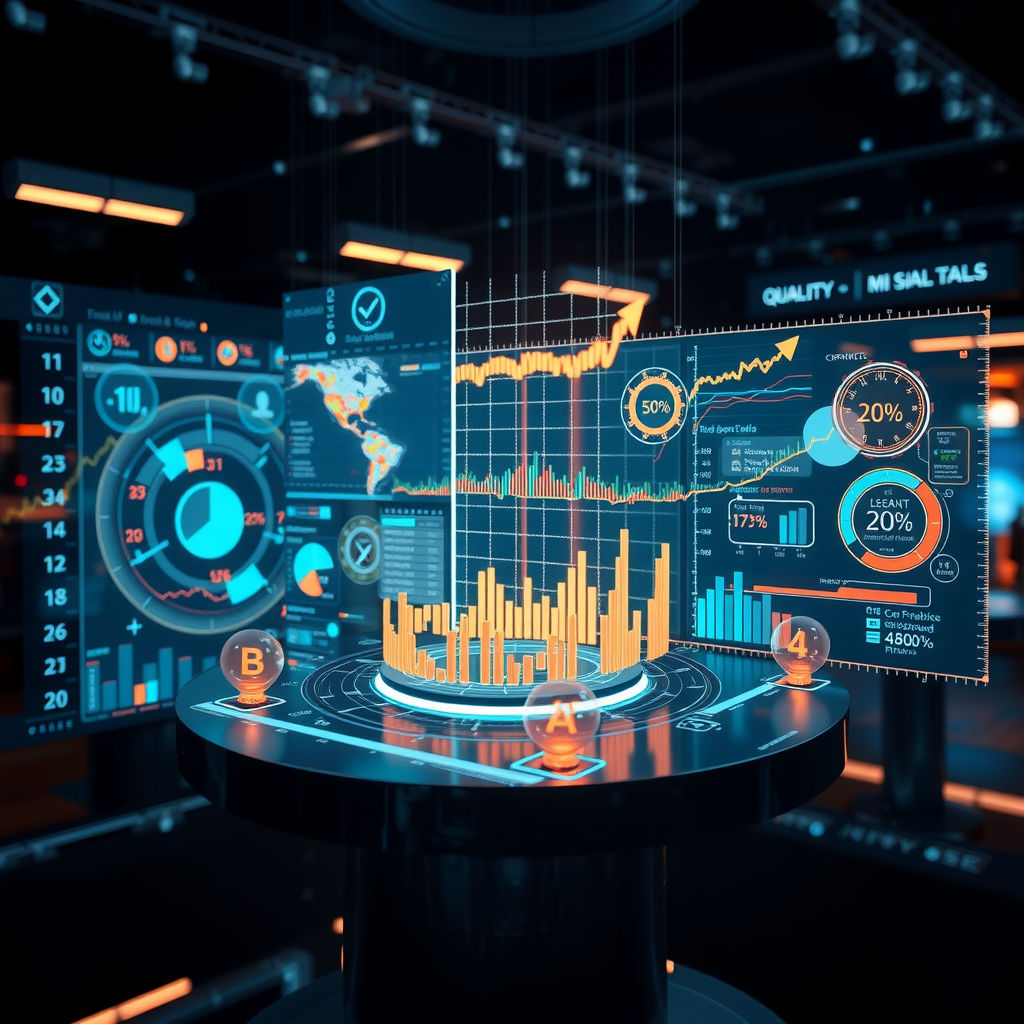 Futuristic visualization of next-generation AI financial reporting technology featuring holographic data displays, advanced predictive analytics, blockchain integration indicators, and immersive 3D financial data visualization in a high-tech environment