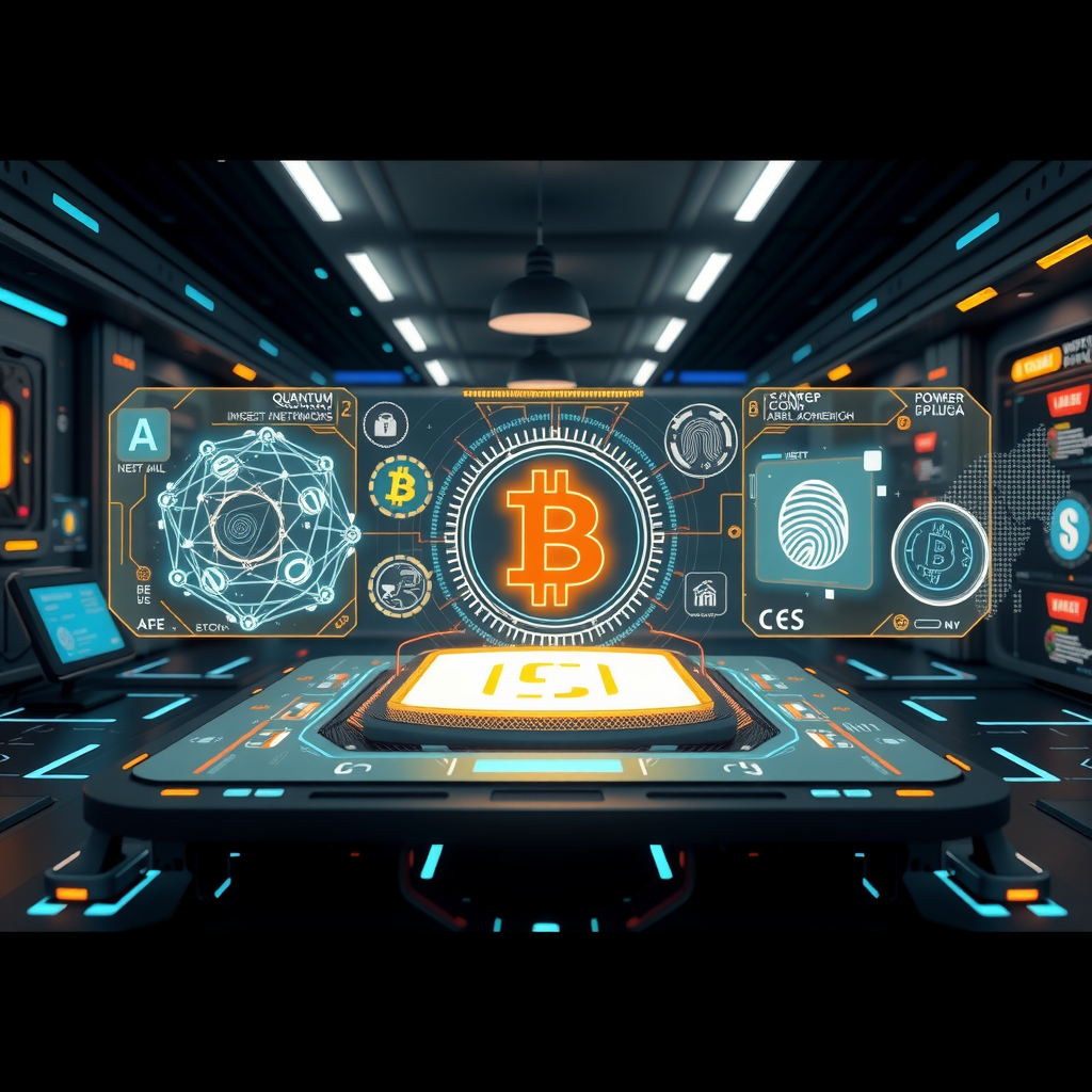 Futuristic concept visualization showing next-generation payment technologies including quantum encryption nodes, blockchain integration points, AI neural networks, biometric authentication systems, and holographic transaction interfaces in a sleek technological environment